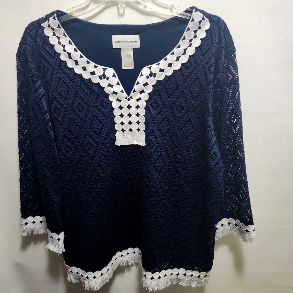 Alfred Dunner Top Navy Blue Lace with White Trim Women's Size Large